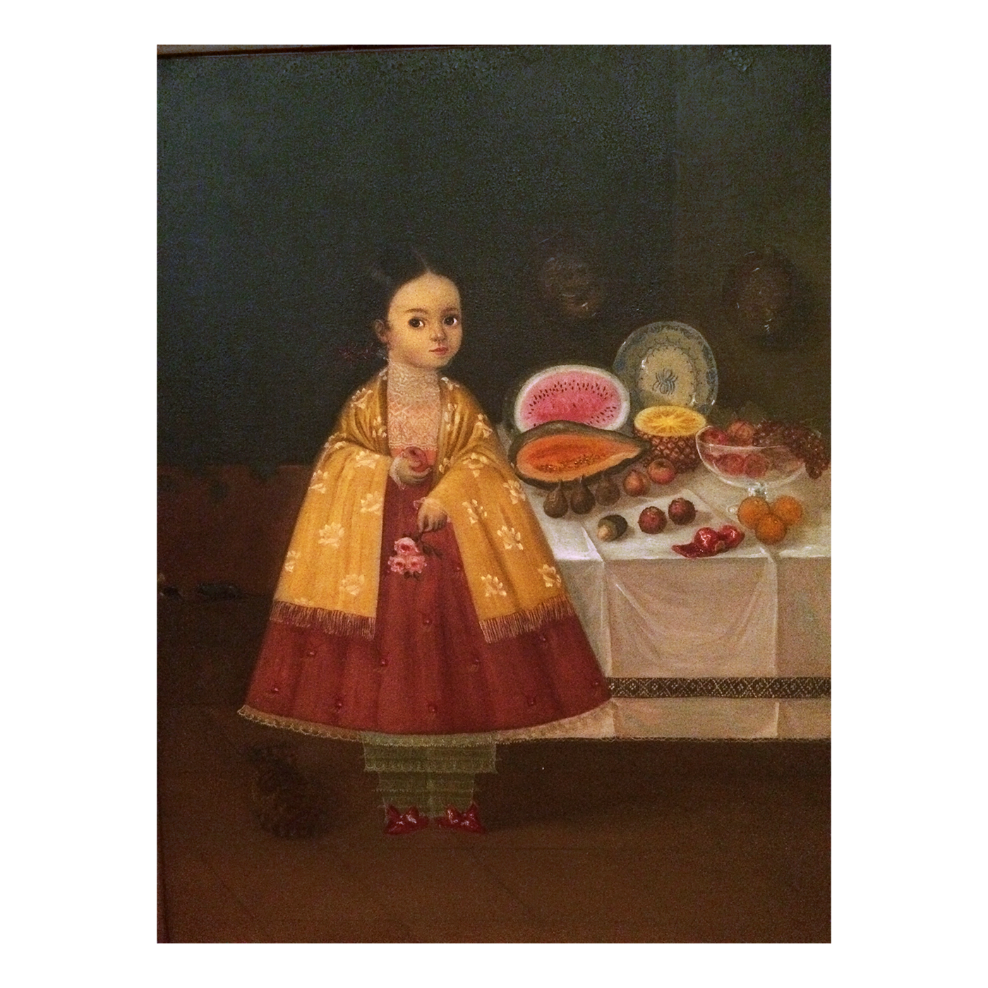 Horacio Renteria Rocha (1912-1972) Mexican Painting Table top still life with Red Dressed Girl c 1930