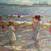 Brian Becken (1949- ) Impressionist Beach scene with Children "Baileys Beach ,Newport" circa 1970