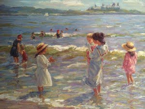 Brian Becken (1949- ) Impressionist Beach scene with Children "Baileys Beach ,Newport" circa 1970
