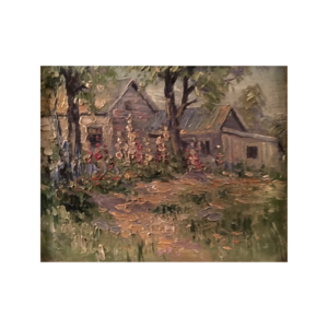 American School Impressionist painting " A Yard of Hollyhocks " circa 1880