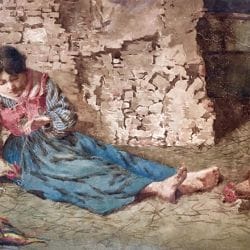 Daniel Hernández [1856-1932] Peruvian artist : <i>Young girl seated in a barnyard with chickens</i>, ca.1880.