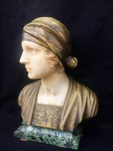 A. Trefoloni [fl.1880s-1930s] Italian Young Beauty, ca.1890-1900 Bronze and marble 18 x 14 inches Signed illegibly.