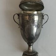 Caleb Shields [ca.1747-1782] early American silver <i>Urn snuff box with base compartment and hinged top lid<i>, ca.1773.