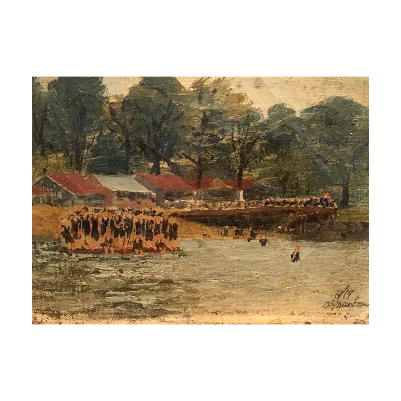 American school folk art : Swimming at camp, circa 1890.