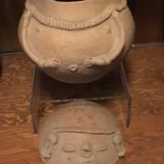 South American terracotta figure : <i>Rio magdalena Chimila figural terracotta burial urn with lid</i>, ca.1000-1200 A.D.