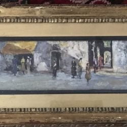 Leonardo Bazzaro [1853-1937] Italian People in the street, ca.1920s Oil on board 5 x 12-1/2 inches Signed at lower left.