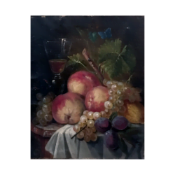 Duroi [Early 19th-century] Belgian landscape & still-life painter : <i>Still-life—trio of apples, wine glass, grapes, grape leaves, trio of plums, lemon and butterfly</i>, 1849.