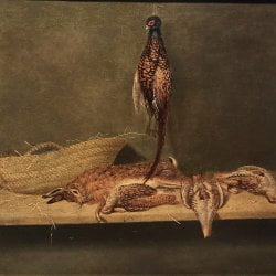 Karl Emmanuel Jansson [1846-1874] : <i>Still-life with pheasants, hare and woven basket</i>, 1864.