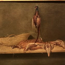 Karl Emmanuel Jansson [1846-1874] : <i>Still-life with pheasants, hare and woven basket</i>, 1864.