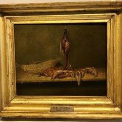 Karl Emmanuel Jansson [1846-1874] : <i>Still-life with pheasants, hare and woven basket</i>, 1864.