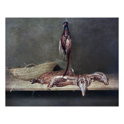 Karl Emmanuel Jansson [1846-1874] : Still-life with pheasants, hare and woven basket, 1874.