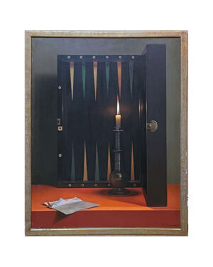 René Chancrin [1911-1981] : <i>Nature morte avec bougie allumée, enveloppe et backgammon [Still life with lit candle, envelope and backgammon]</i>, ca.1960s-1970s.