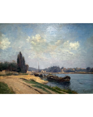 <b>Stanislas Victor Edouard Lépine [1835-1892]</b> : <i>Boats along the river</i>, ca.1870s.