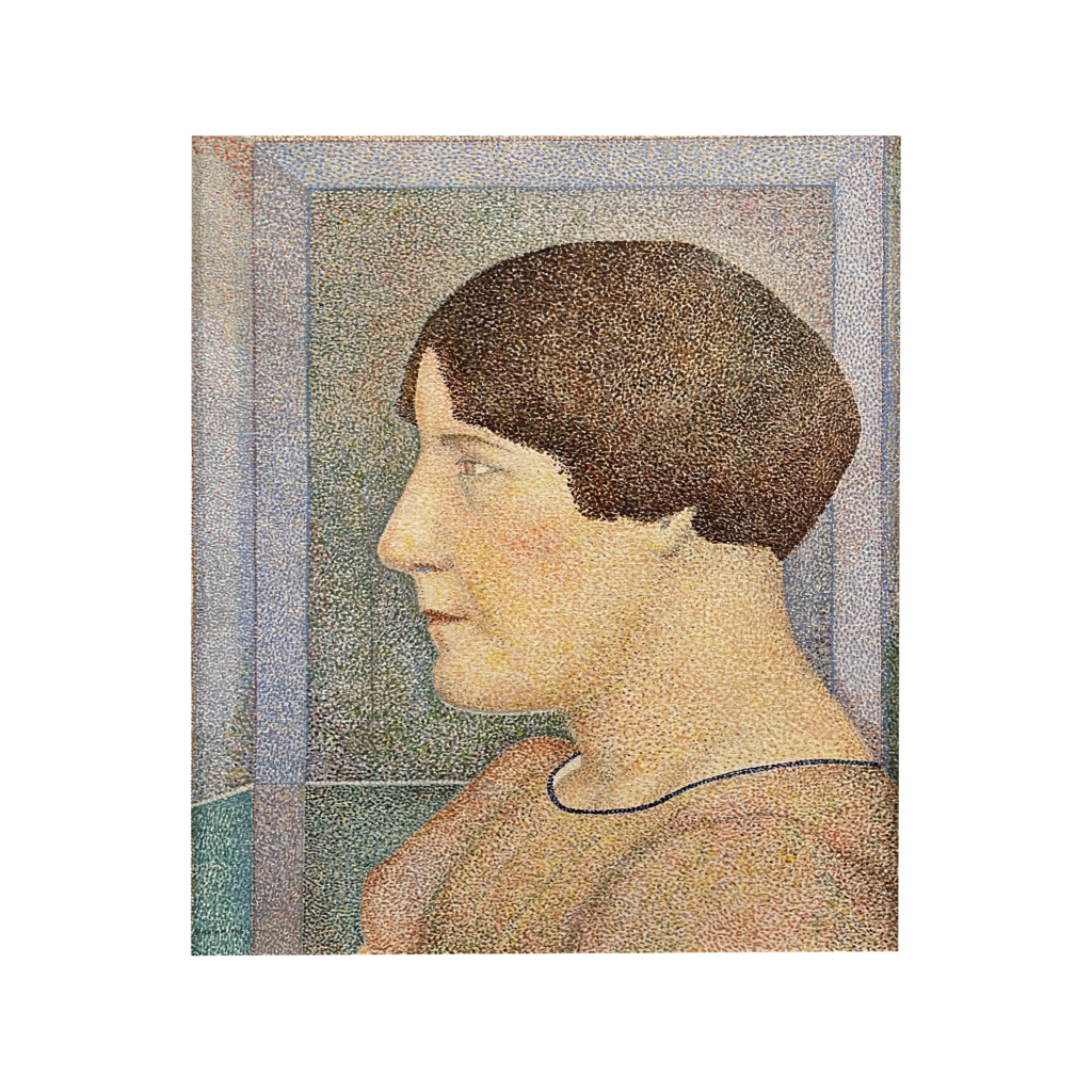 Simpson [?-?]
American Pointillist painter
Pointillist profile of woman, 1925
Oil on canvas
Painting is in its original untouched condition
No repairs or restoration
Original antique frame